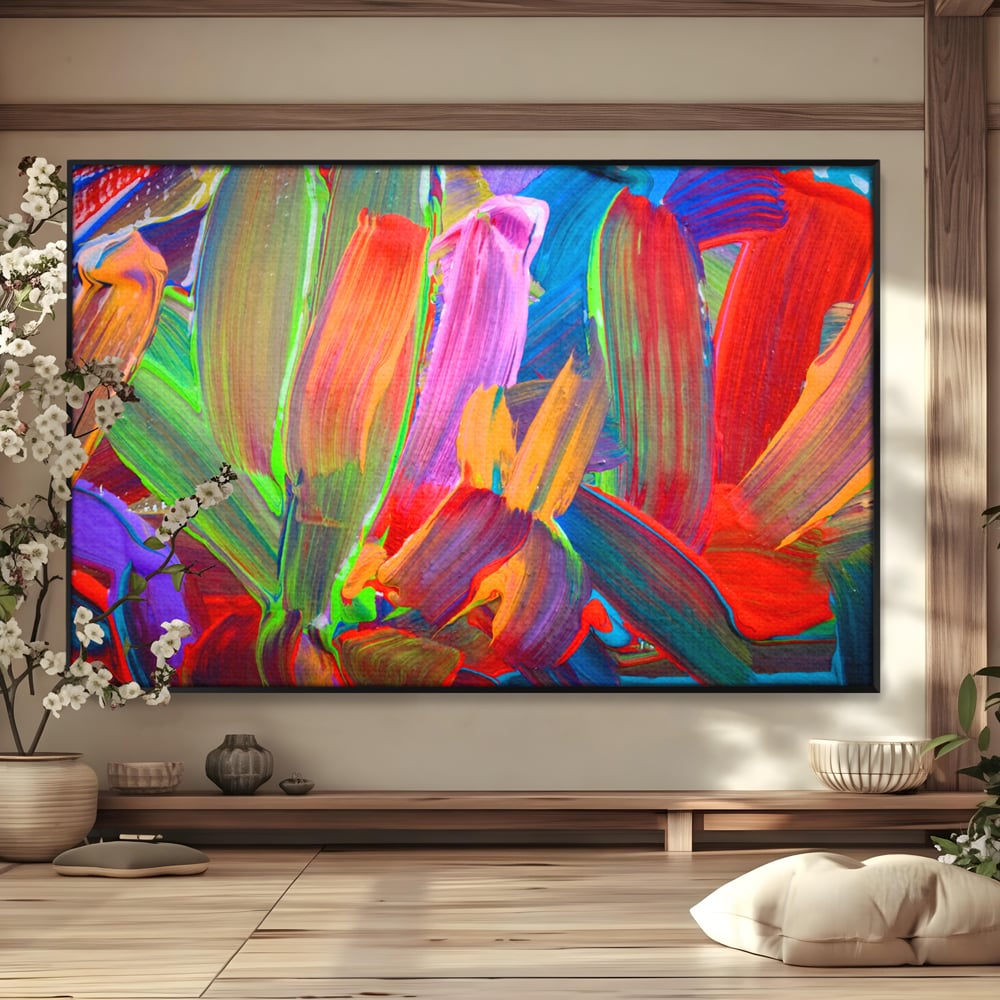 Tablou canvas cu pictura abstracta cu pensule grosiere, in rama de aluminiu negru